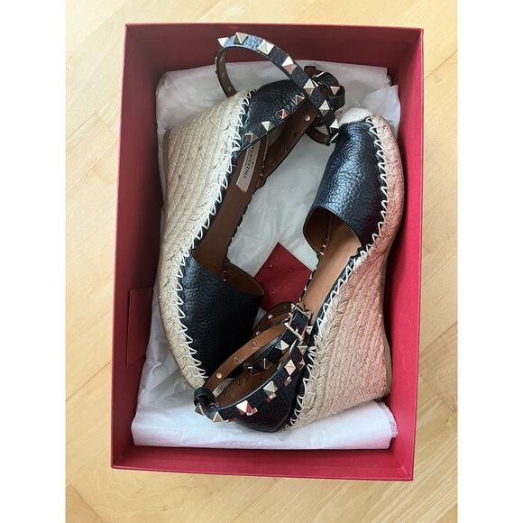 Valentino Garavani Rockstud Double Leather Wedge Espadrilles 38 WORN ONCE - Picture 6 of 7